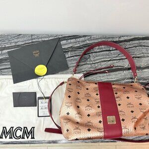 Authentic MCM Klara Medium Visetos Champagne Gold Metallic Hobo Bag